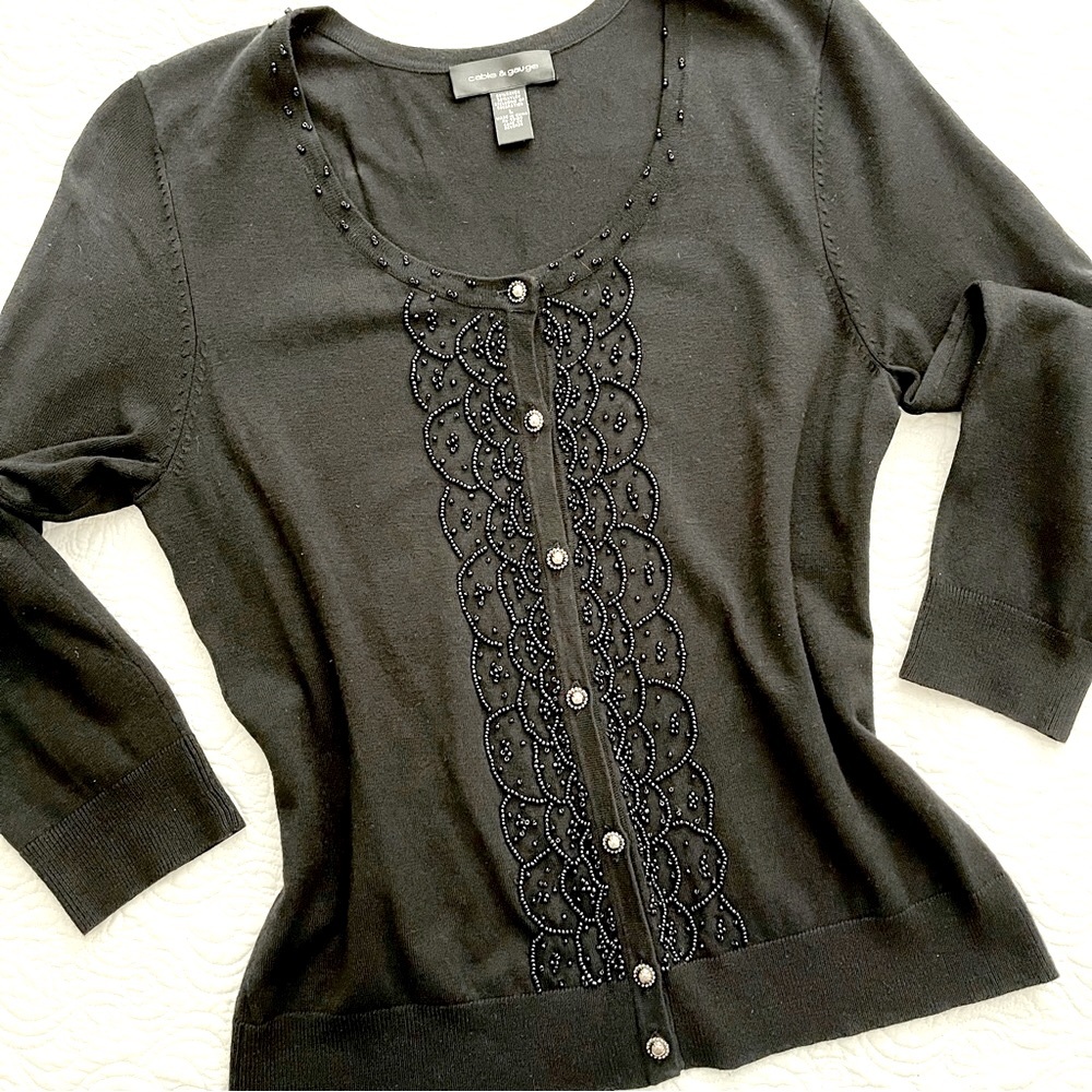 Vintage Cable & Gauge Beaded 3/4 Sleeve Cardigan Sweater Large - Picture 3 of 14